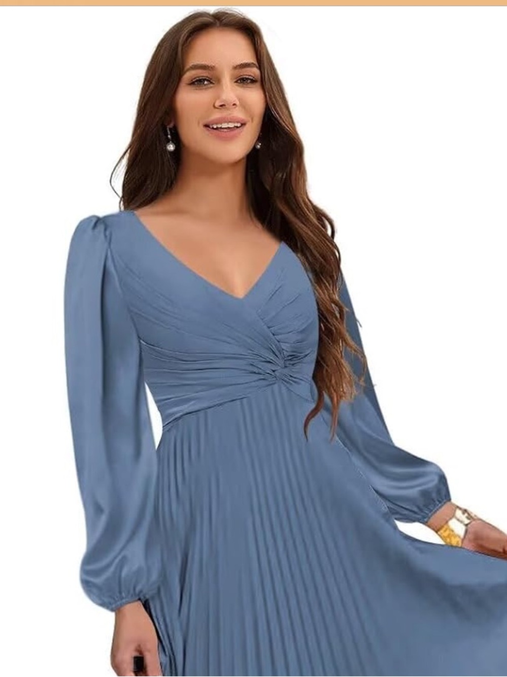 Dusty Blue Pleated Long-Sleeve Maxi Dress